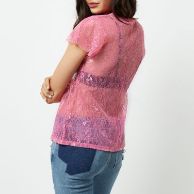 Bright pink lace front ruffle top